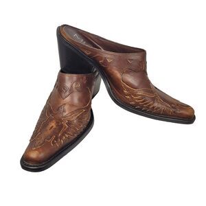 MIA Women's Brown Leather Phoenix Design Western Cowboy Mule Boot Size 7M
